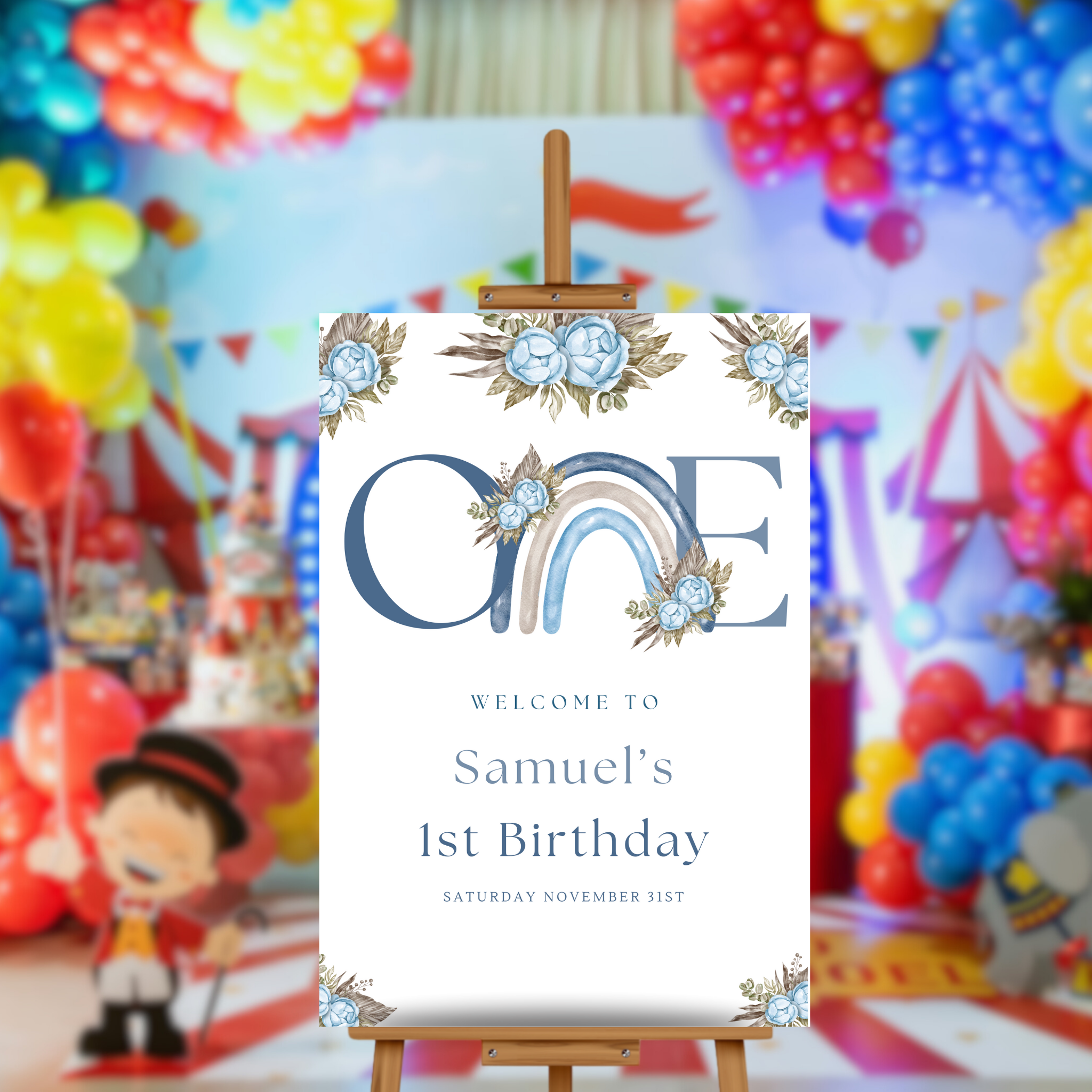 Blue Boho Rainbow 1st Birthday Welcome Sign