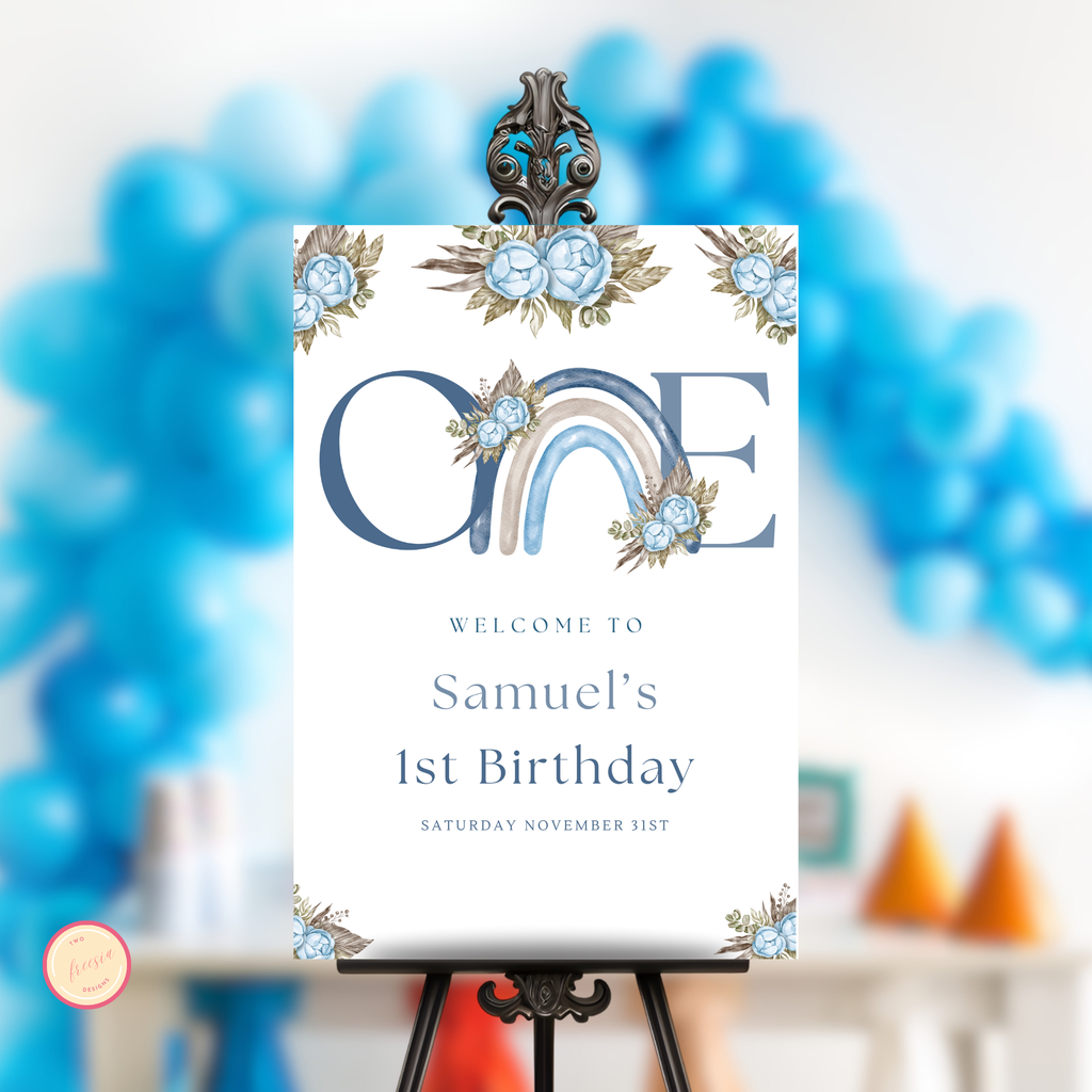 Blue Boho Rainbow 1st Birthday Welcome Sign