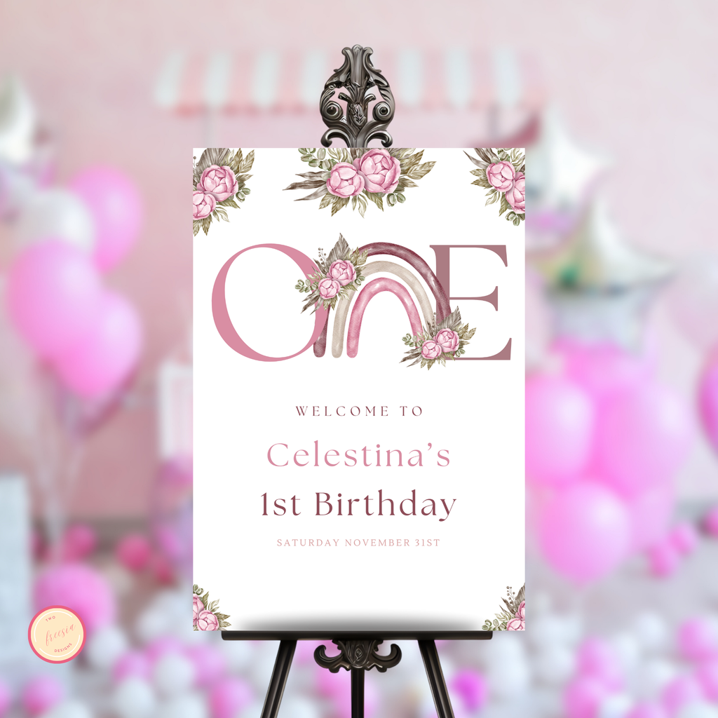 Pink Boho Rainbow 1st Birthday Welcome Sign