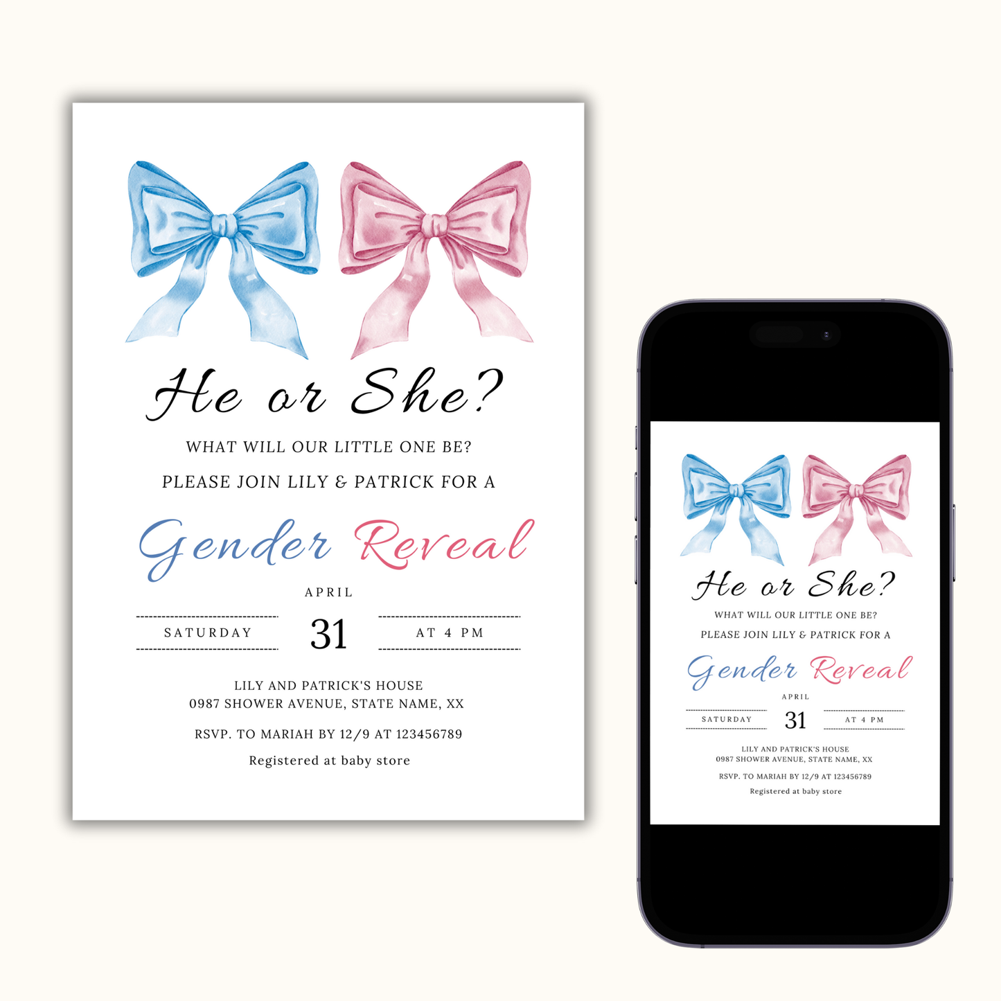 Bows Gender Reveal Invitation Template