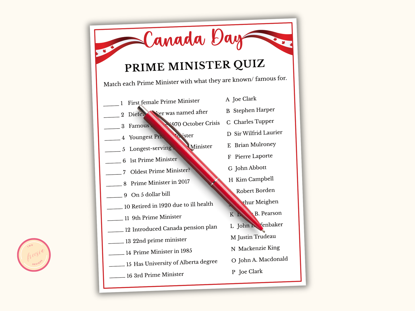 Canada Day Prime Minister Quiz Game