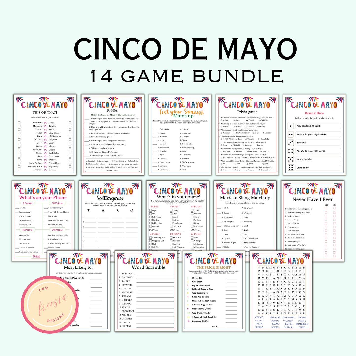 Cinco de Mayo Game Bundle for Adults & Kids (14 Games)