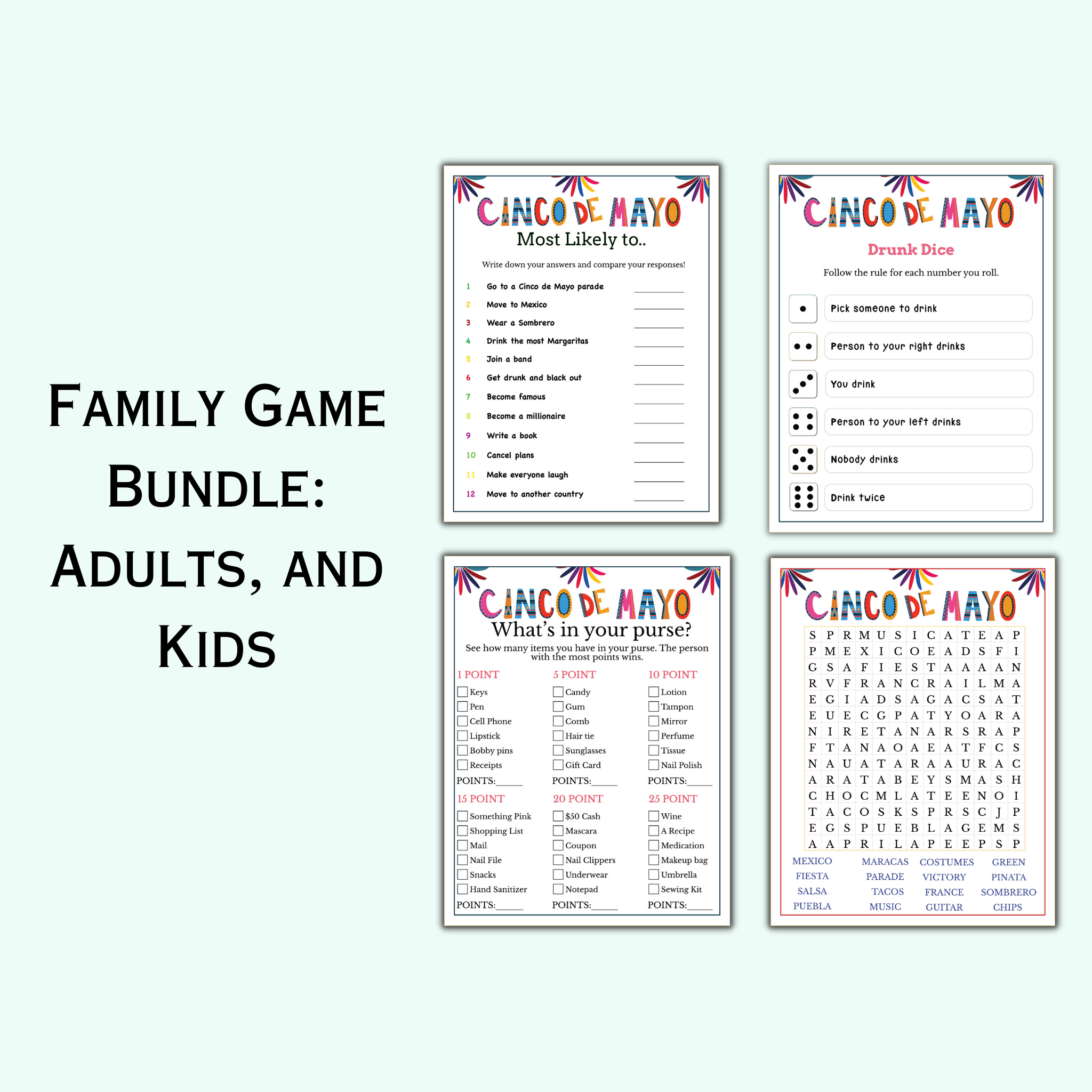 Cinco de Mayo Game Bundle for Adults & Kids (14 Games)