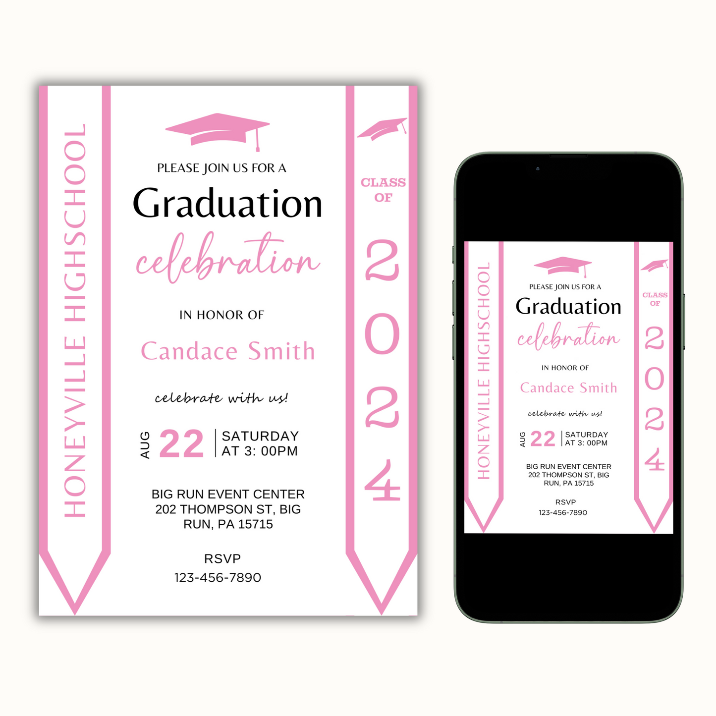 Pink Graduation Invitation with Photo - Editable Template