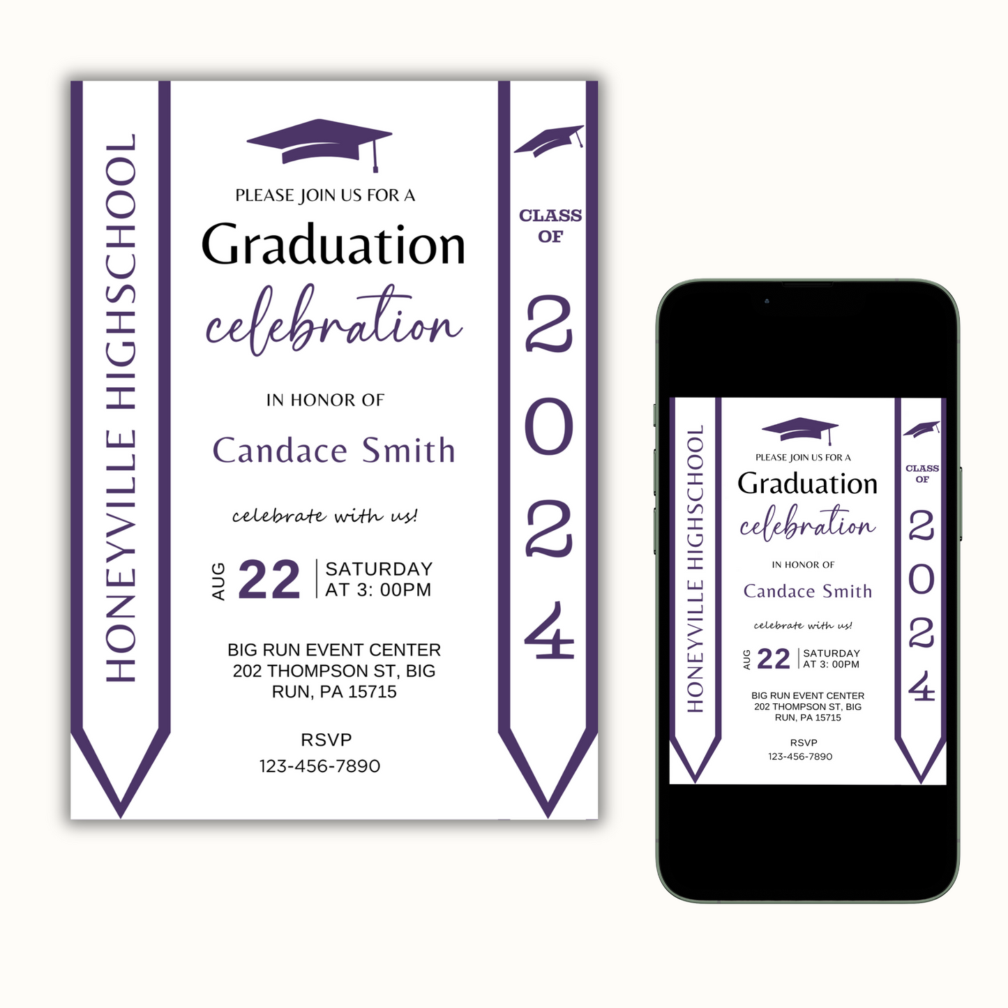 Purple Graduation Invitation with Photo - Editable Template