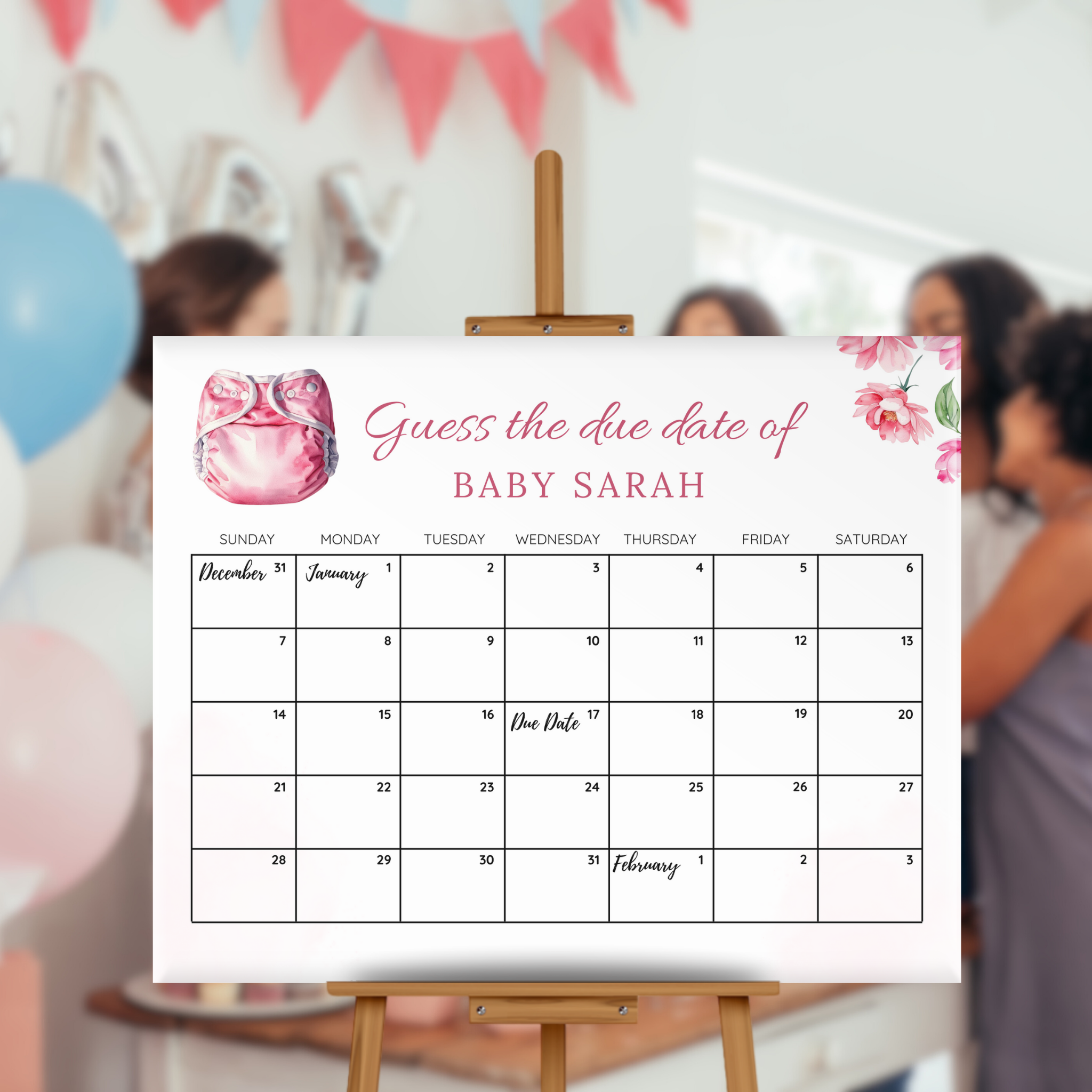 Diapers & Wipes Baby Due Date Calendar Game - Pink