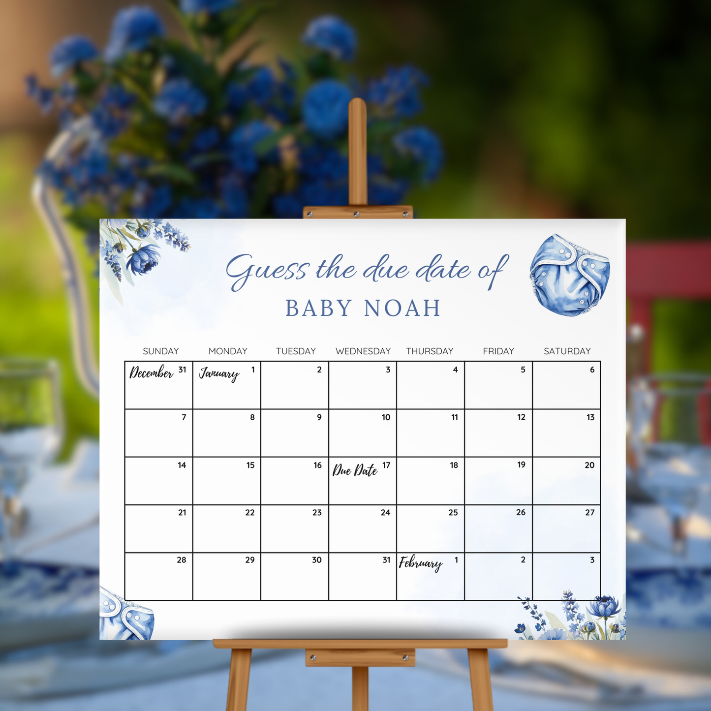 Diapers & Wipes Baby Due Date Calendar Game - Blue