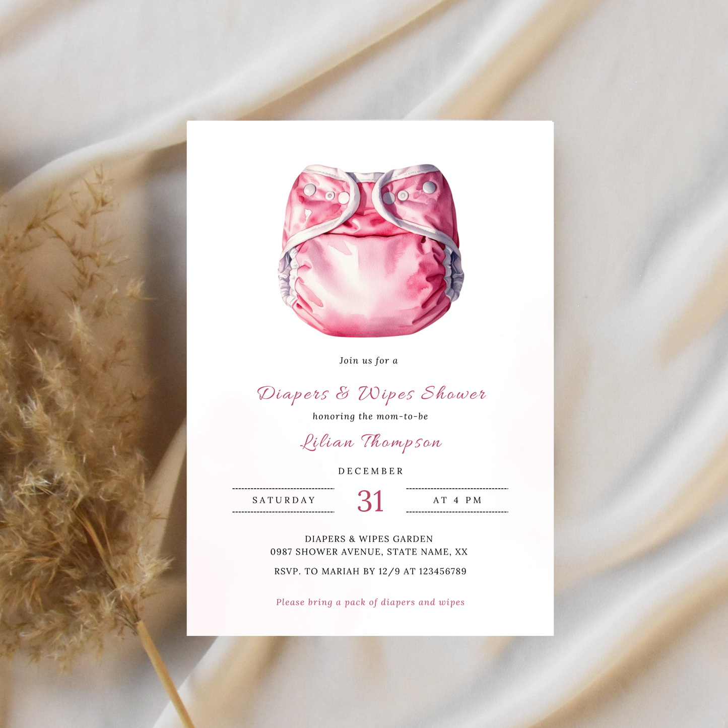 Diapers and Wipes Shower Invitation - Pink