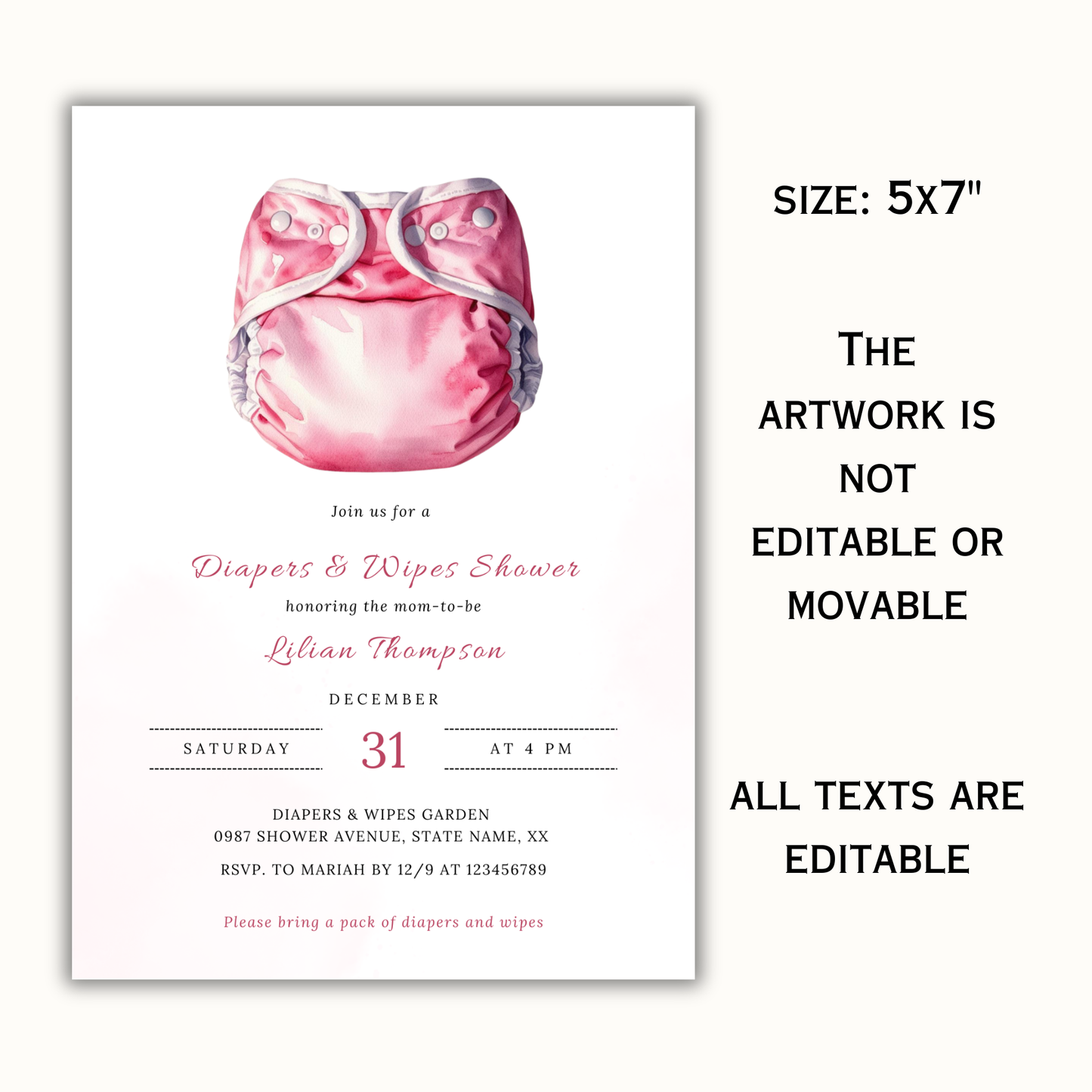 Diapers and Wipes Shower Invitation - Pink