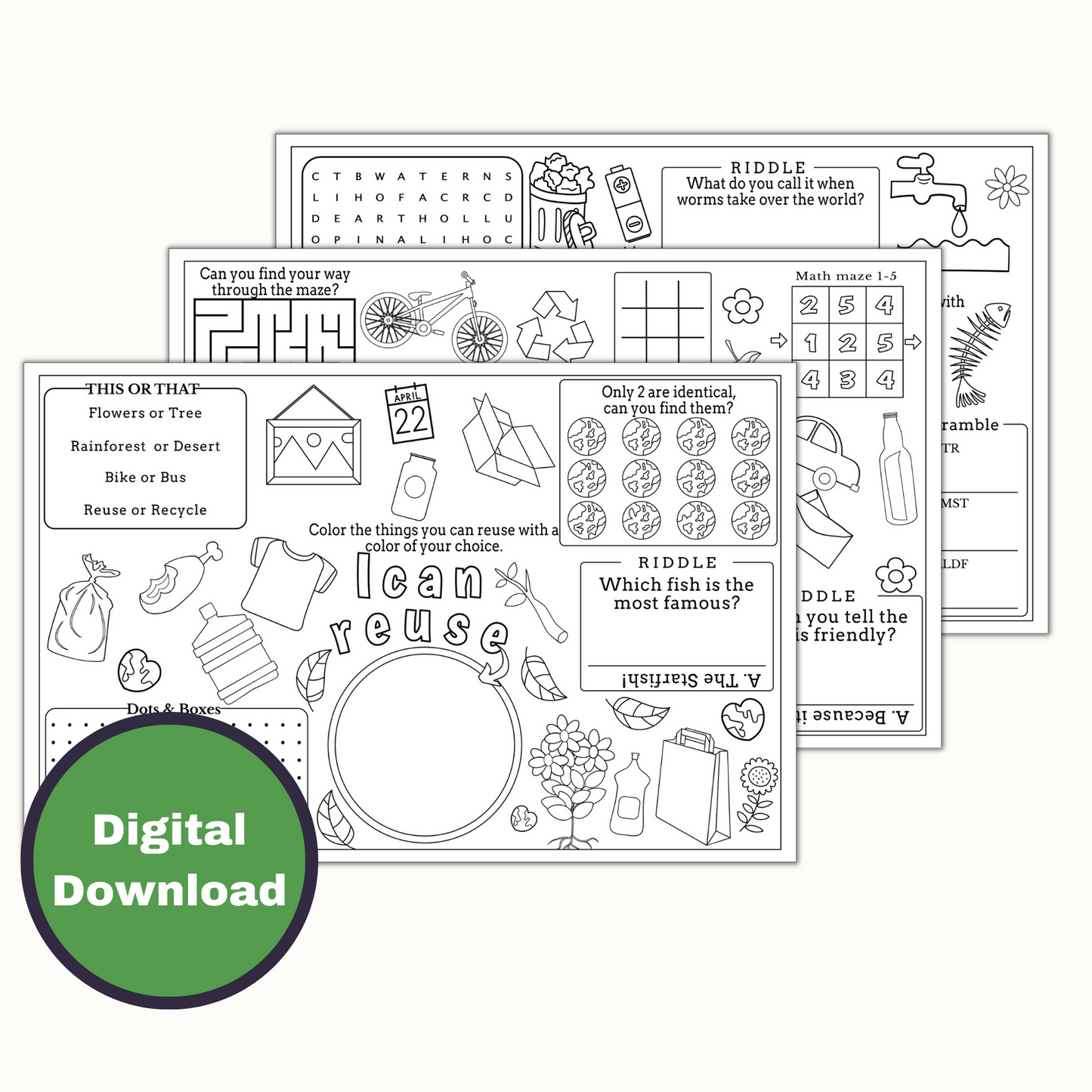 Earth Day Coloring and Activity Placemat