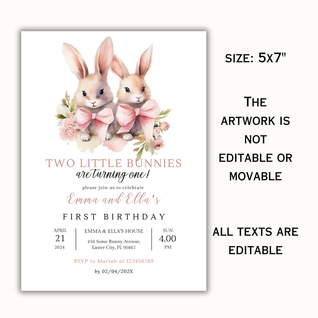 Two Bunnies are Turning One Birthday Invitation