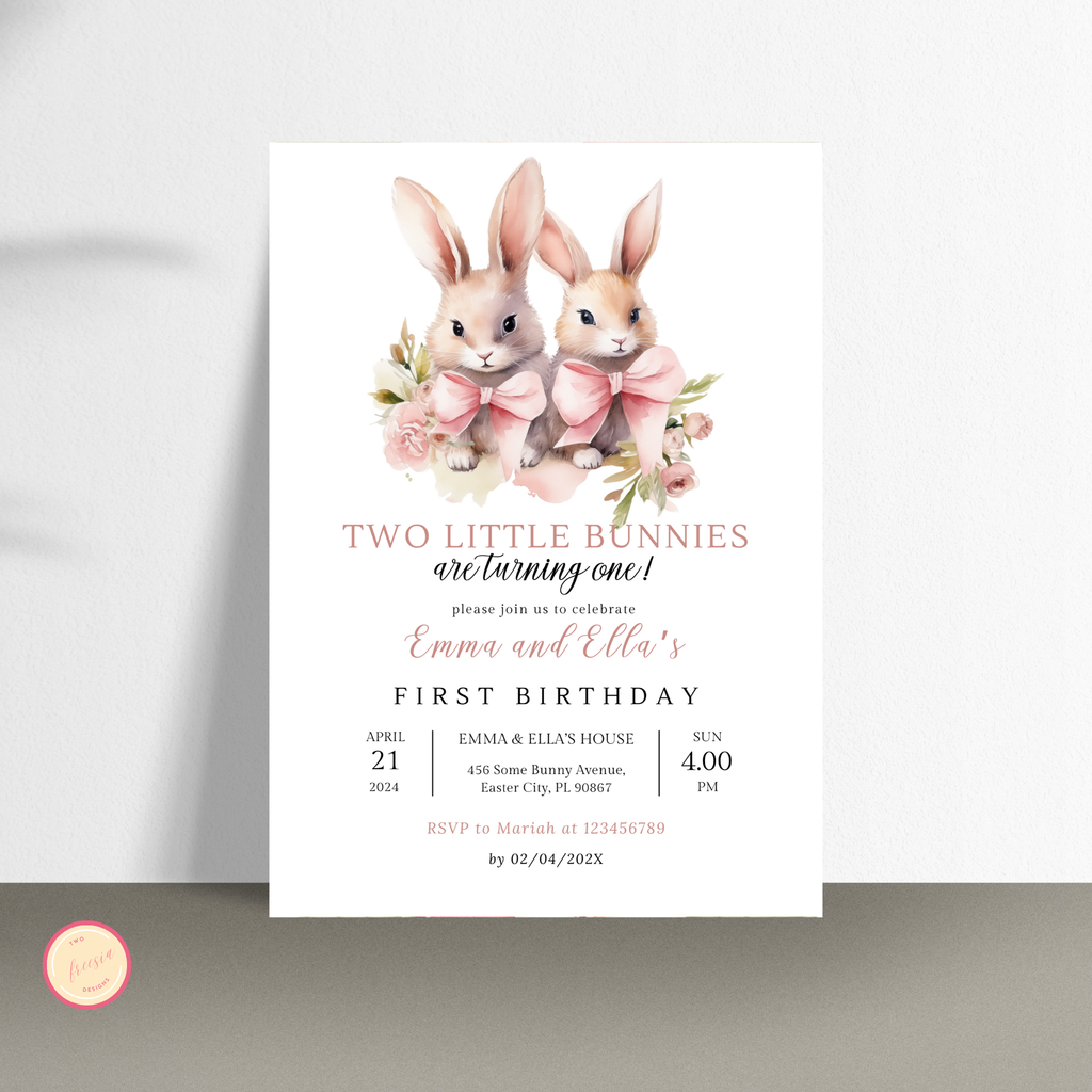 Two Bunnies are Turning One Birthday Invitation