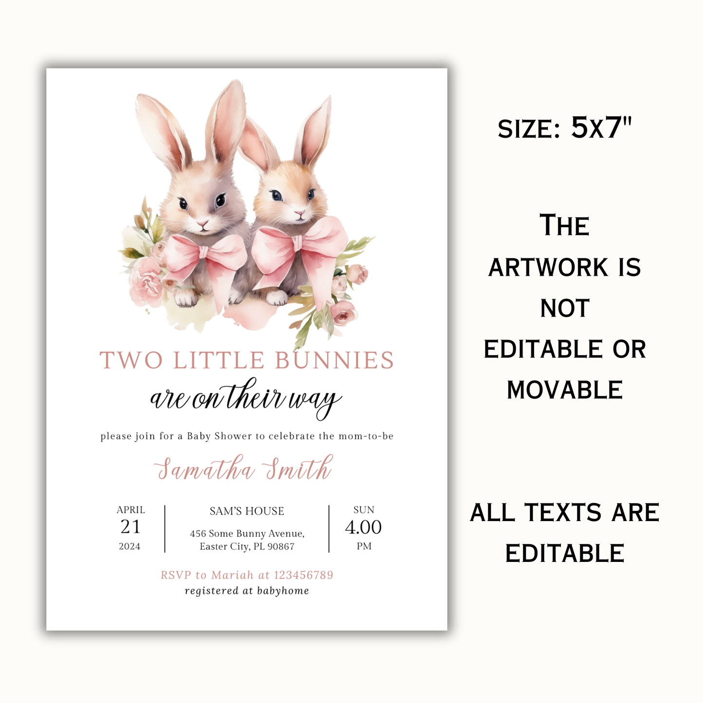 Two Little Bunnies Baby Shower Invitation