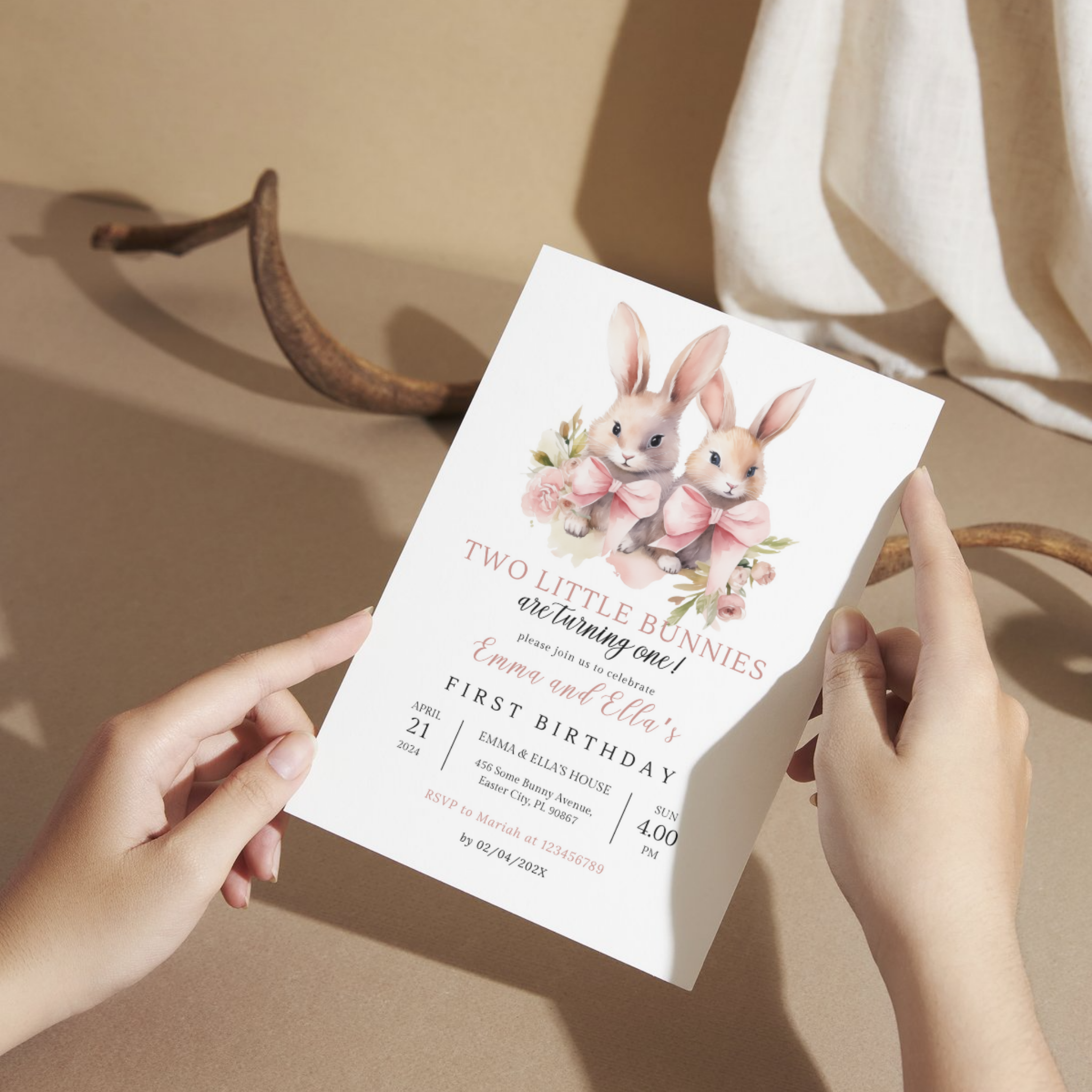 Two Bunnies are Turning One Birthday Invitation
