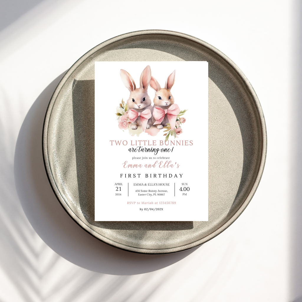 Two Bunnies are Turning One Birthday Invitation
