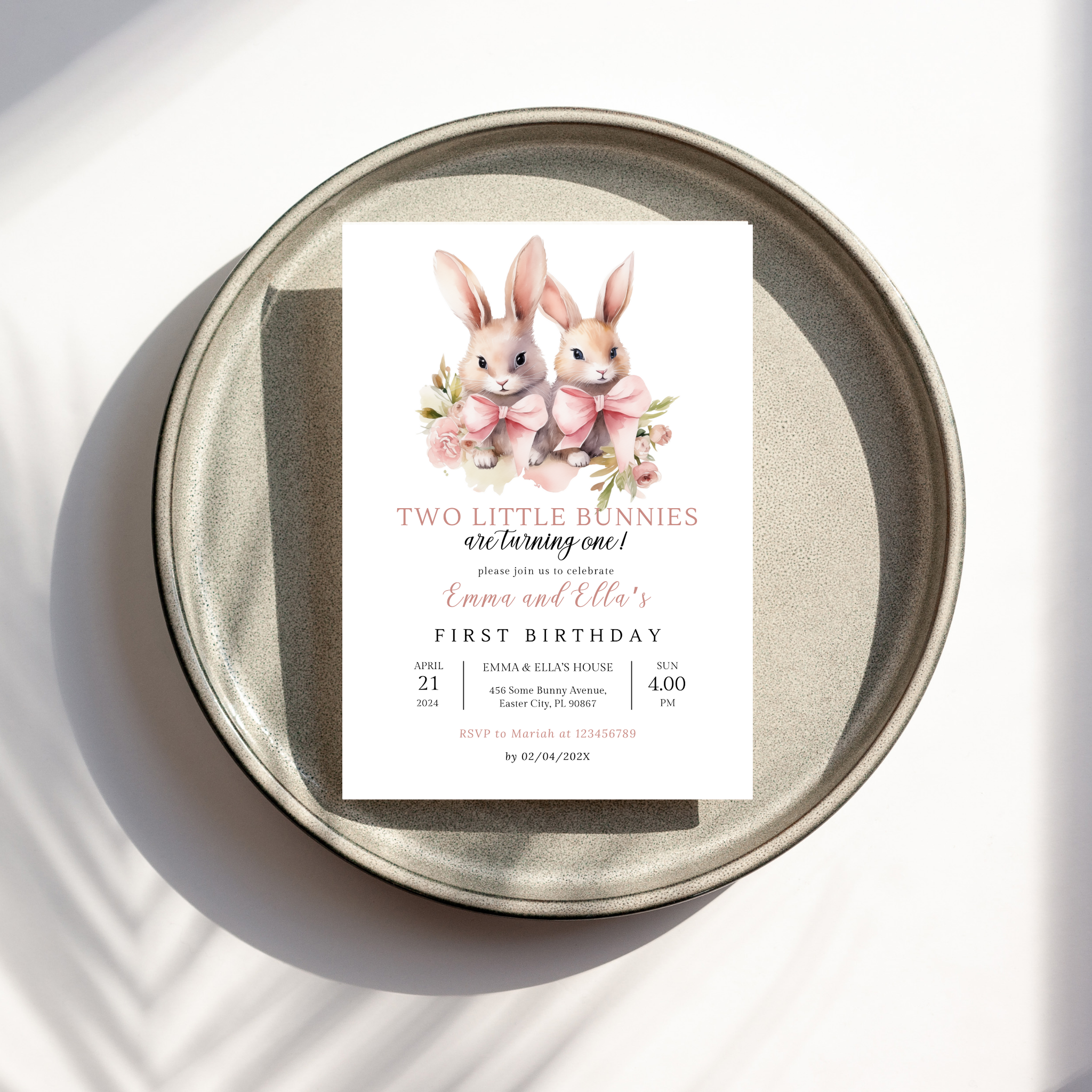Two Bunnies are Turning One Birthday Invitation