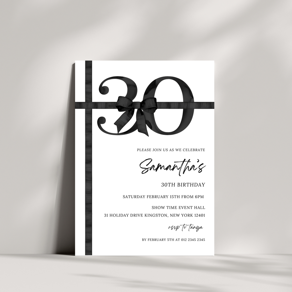 30th Birthday Invitation - Black Bow