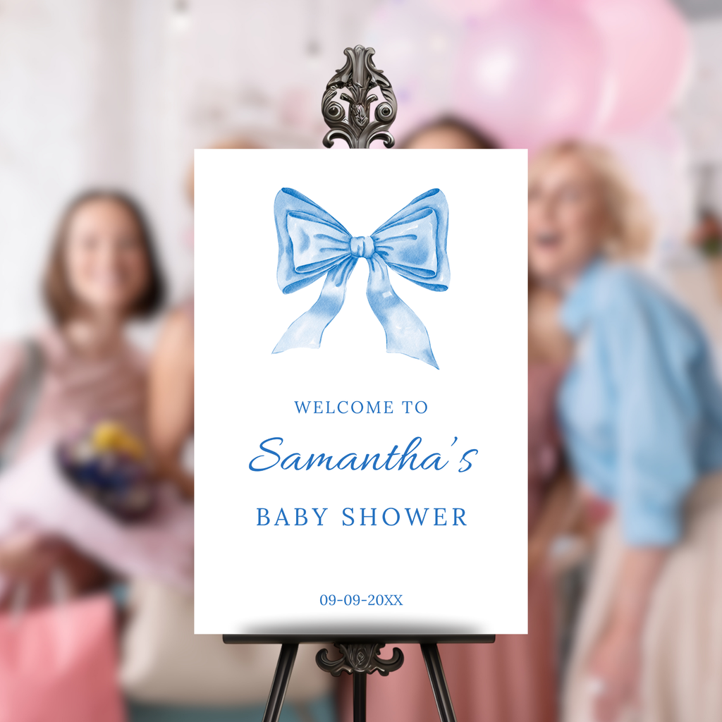 Blue Bow Baby Shower Welcome Sign