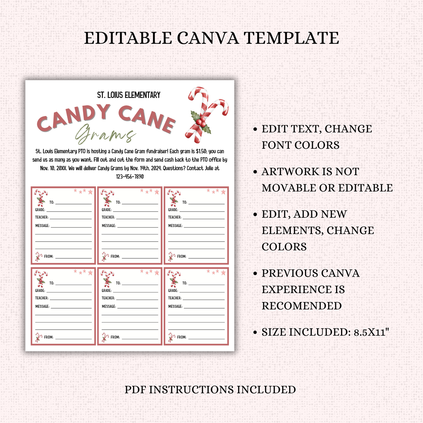 Editable Christmas Candy Cane Gram Template
