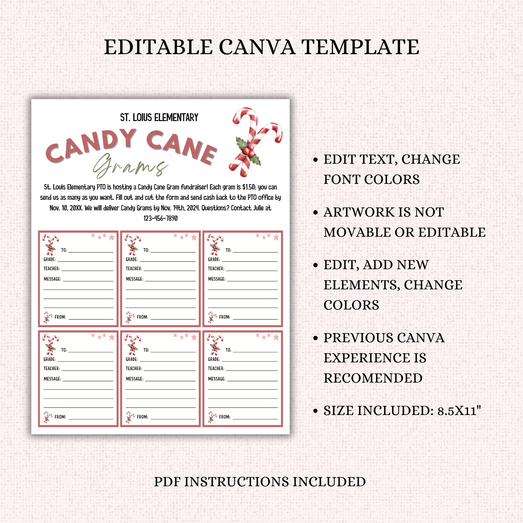 Editable Christmas Candy Cane Gram Template