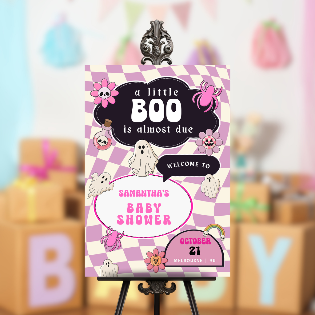 Retro Halloween Baby Shower Welcome Sign | Pink