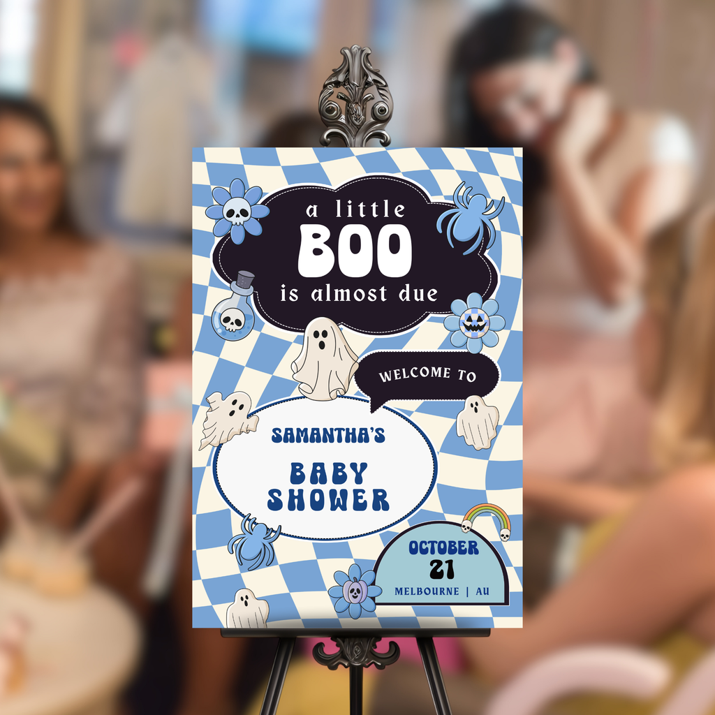 Retro Halloween Baby Shower Welcome Sign | Blue