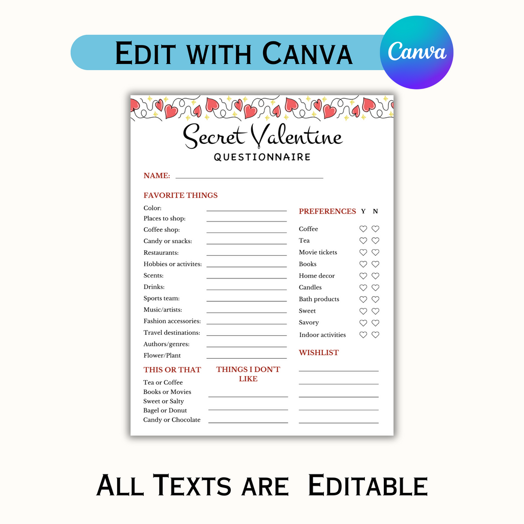 Secret Valentine Questionnaire - Editable Template