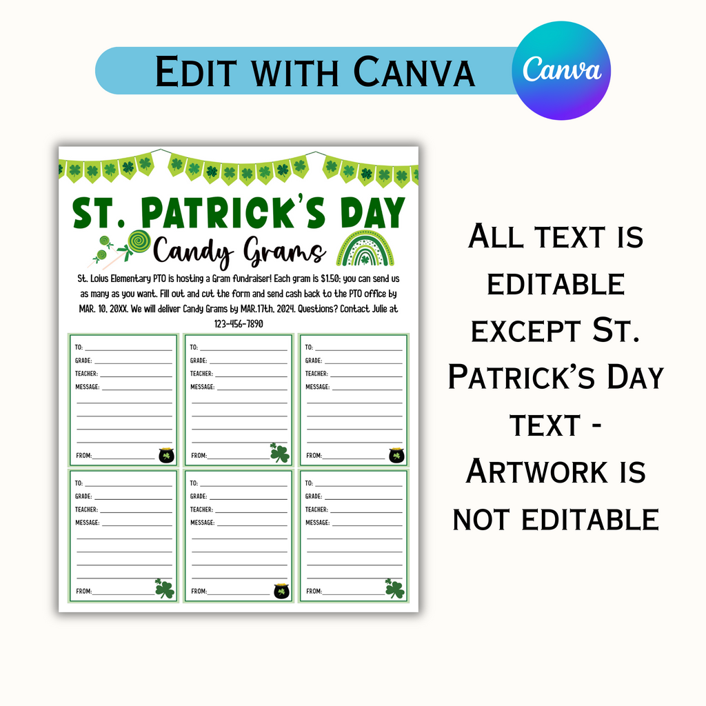 St. Patrick's Day Candy Gram PTO, PTA Fundraiser Template