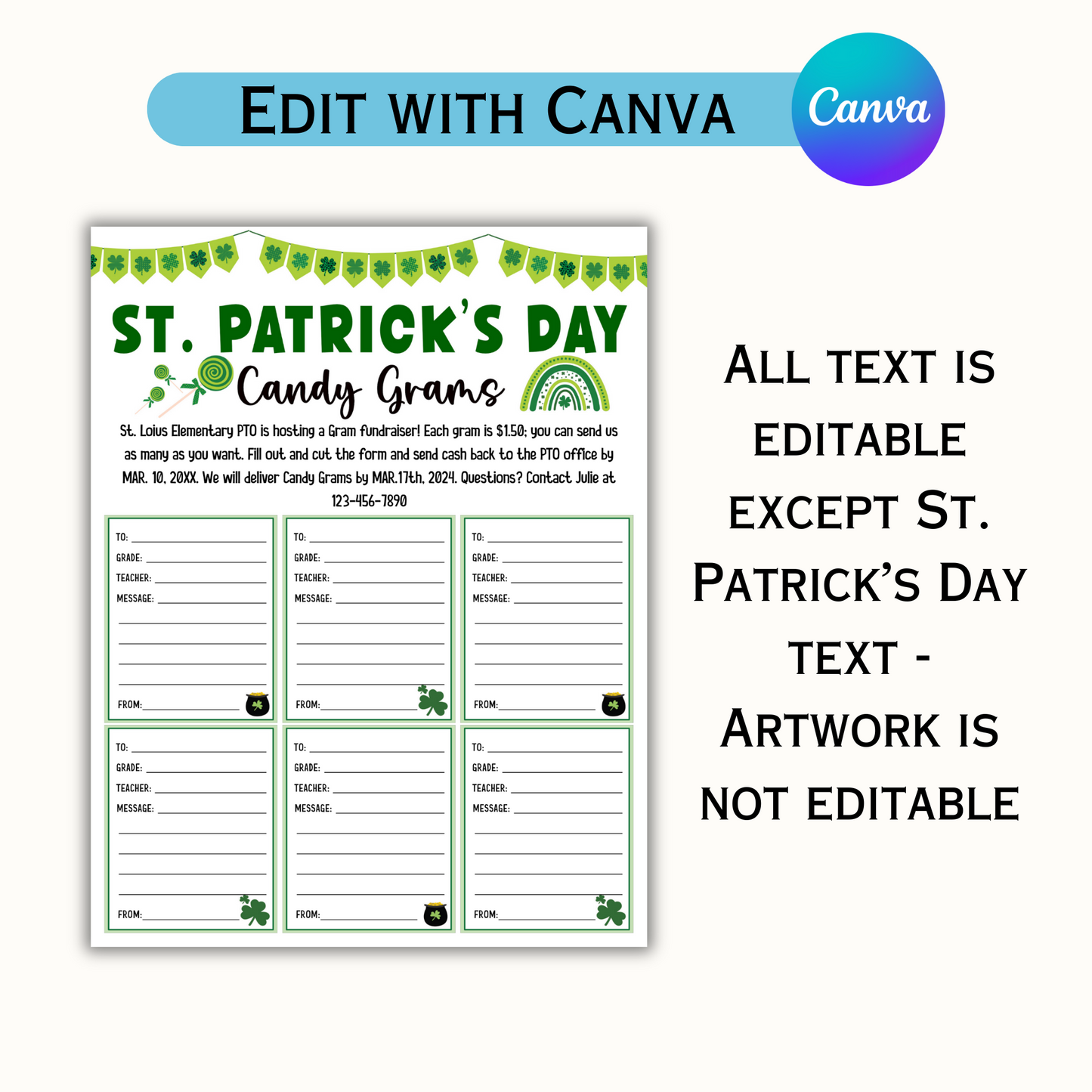 St. Patrick's Day Candy Gram PTO, PTA Fundraiser Template