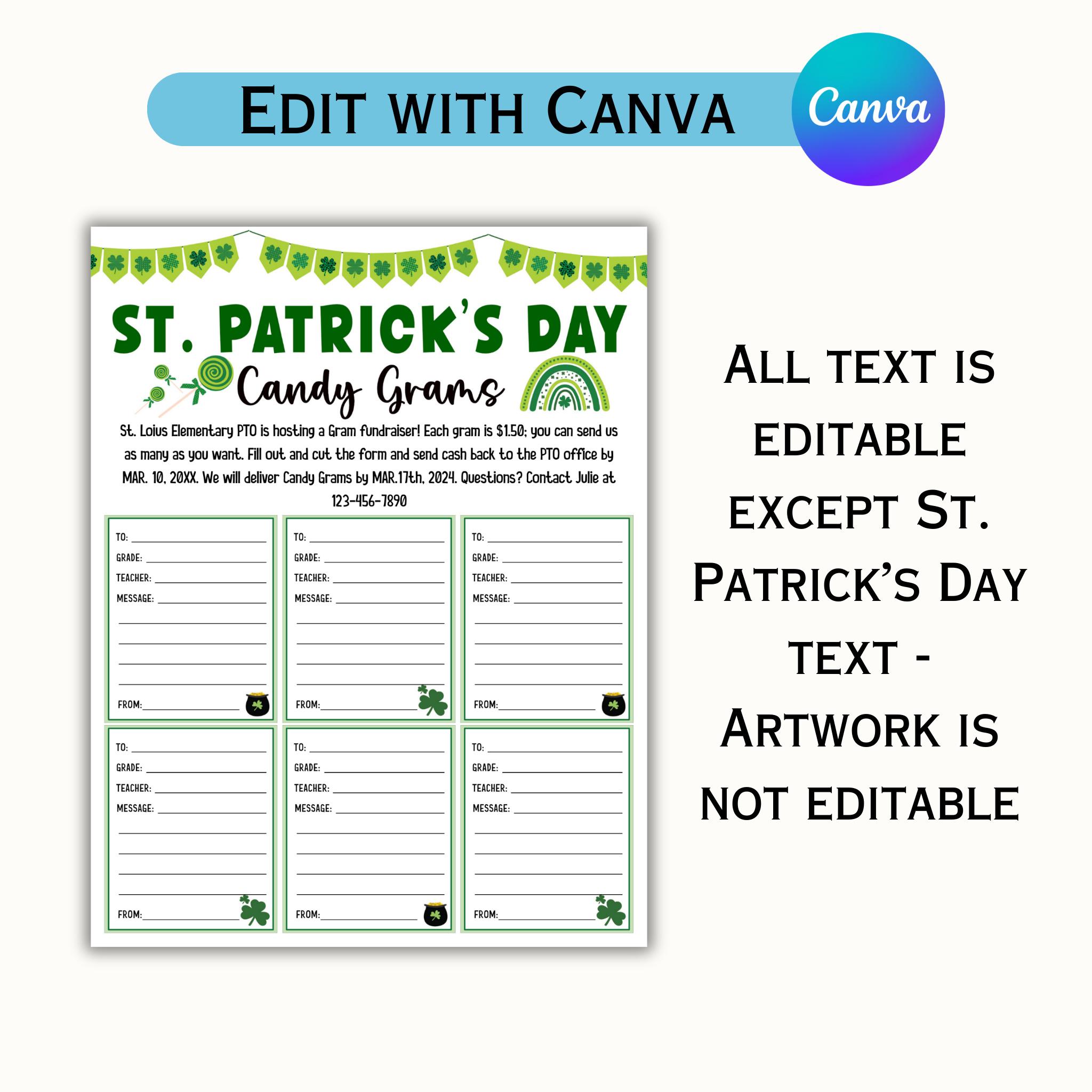 St. Patrick's Day Candy Gram PTO, PTA Fundraiser Template
