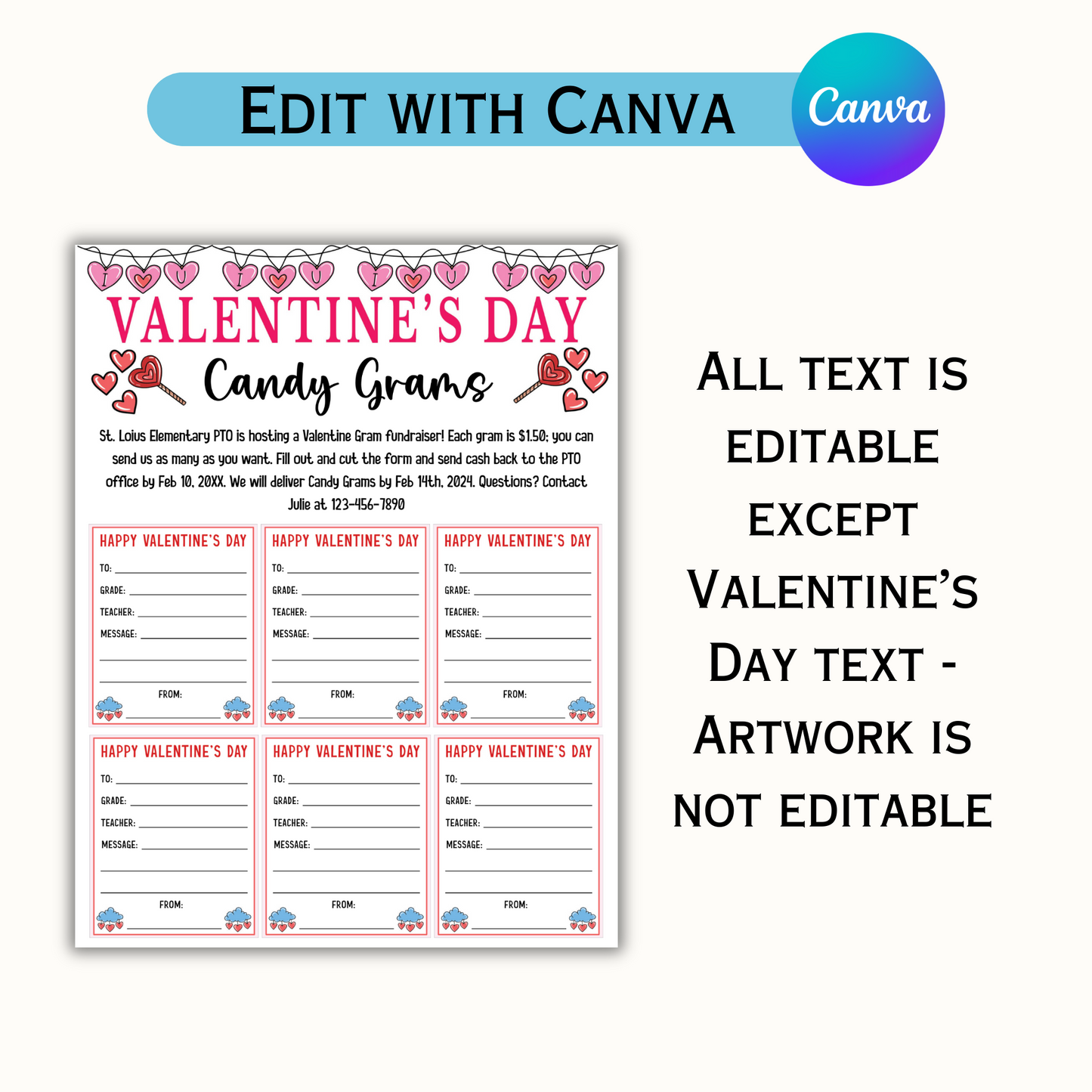 Valentine's Day Editable Candy Gram Template