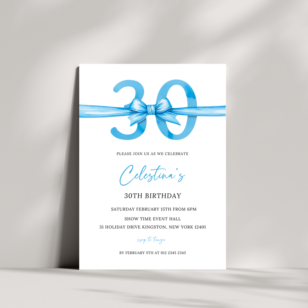 30th Birthday Invitation - Blue Bow