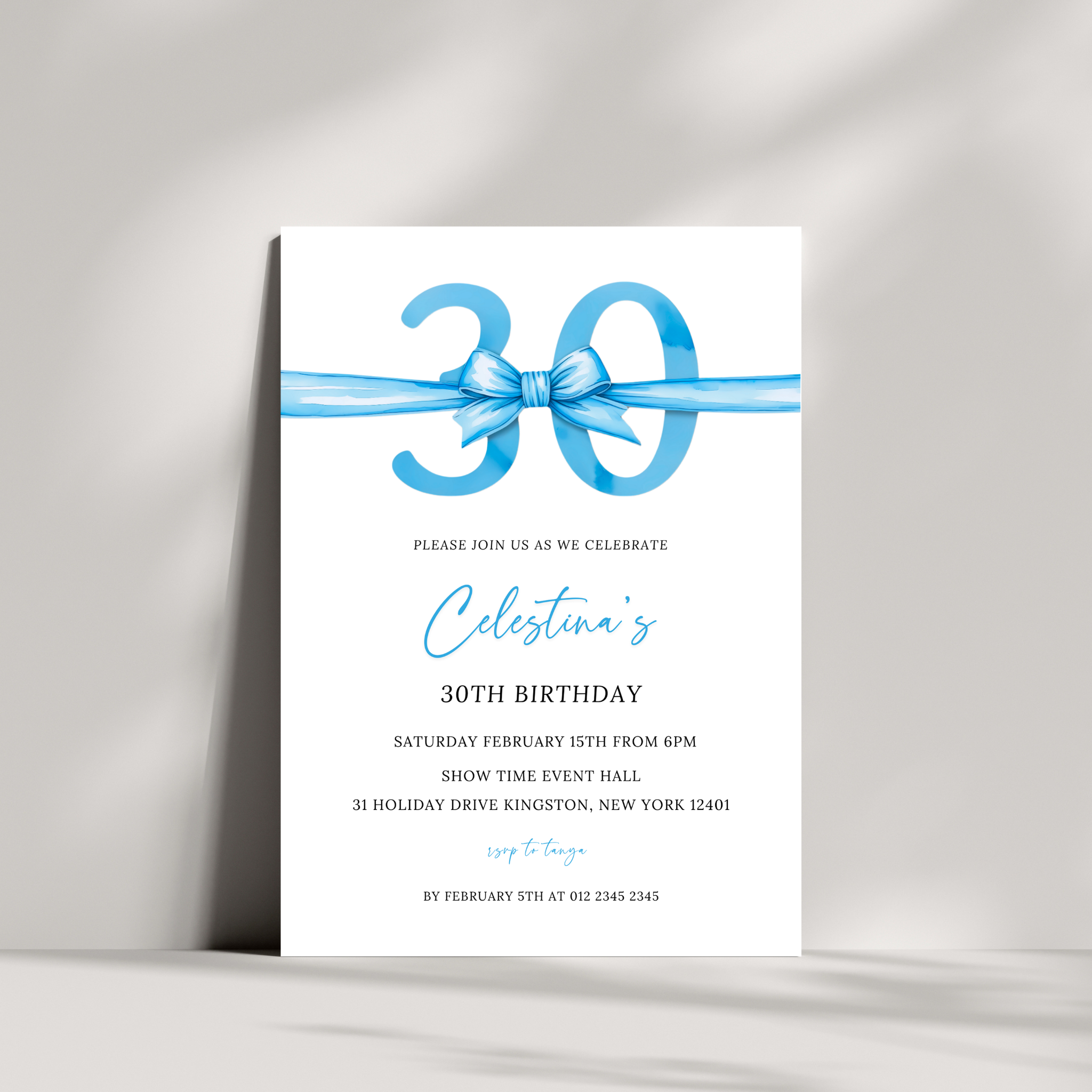 30th Birthday Invitation - Blue Bow