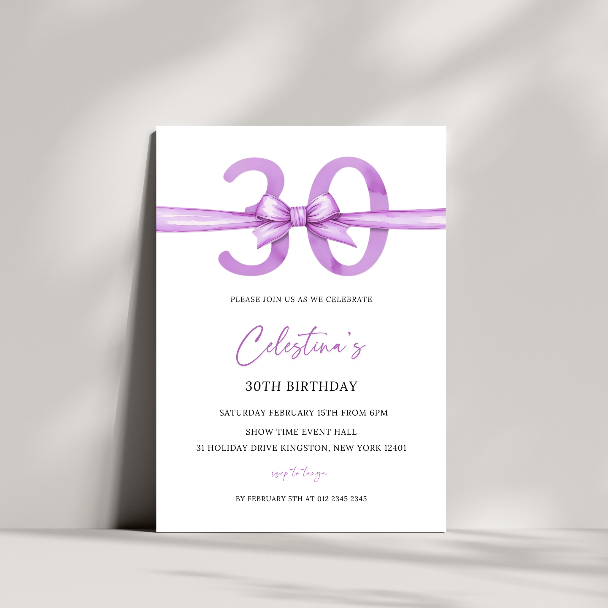 30th Birthday Invitation - Purple Bow