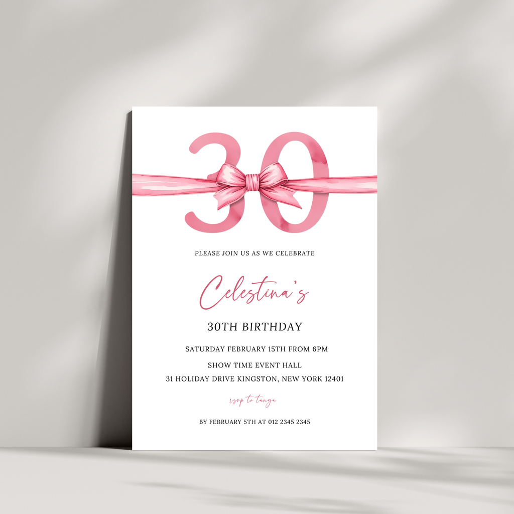 30th Birthday Invitation - Pink Bow