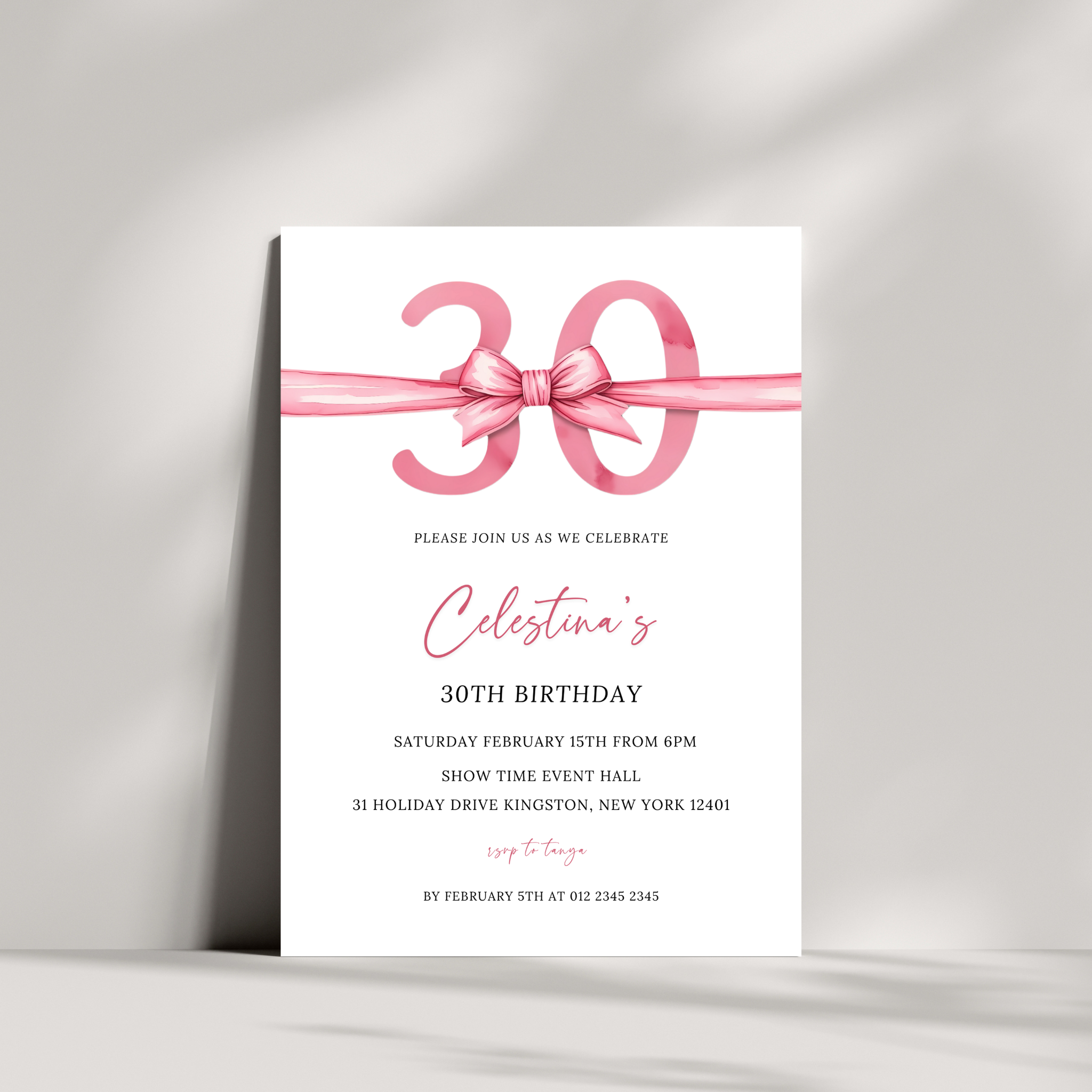 30th Birthday Invitation - Pink Bow