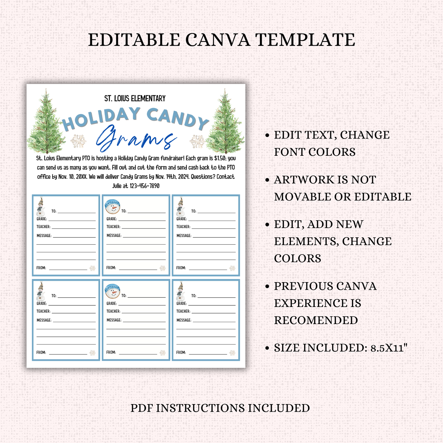 Editable Holiday Candy Cane Gram Template