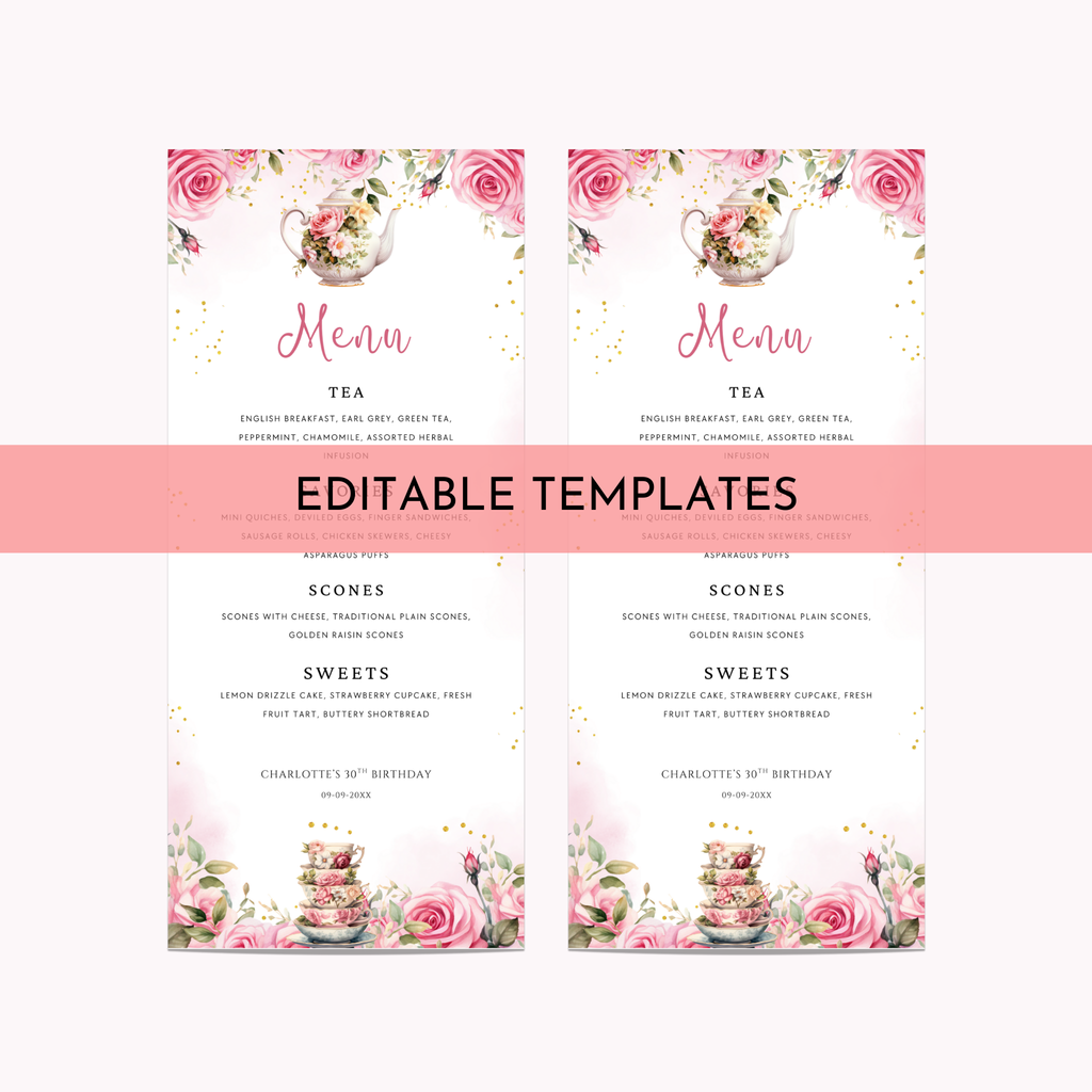 Tea Party Menu Template - Pink Floral