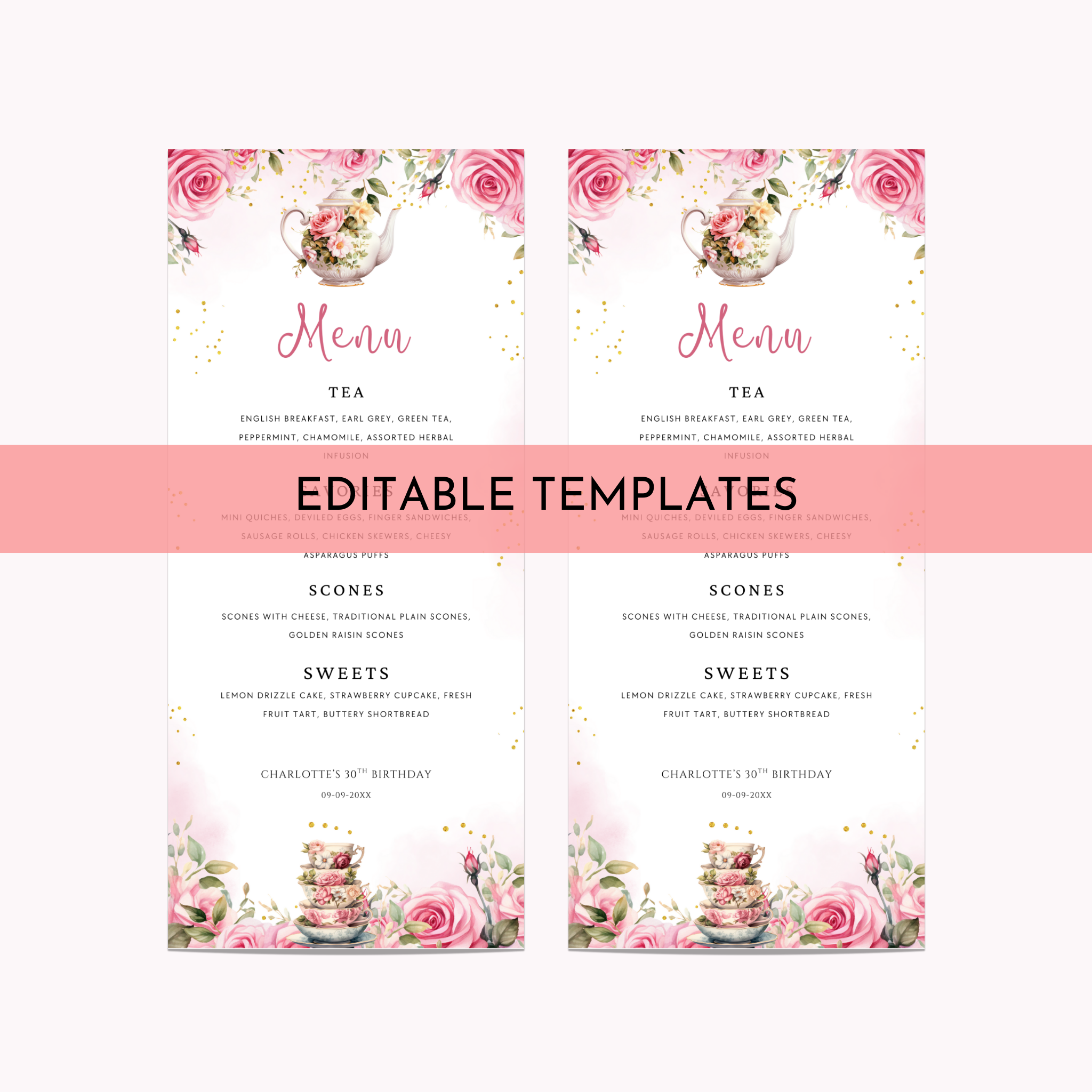 Tea Party Menu Template - Pink Floral