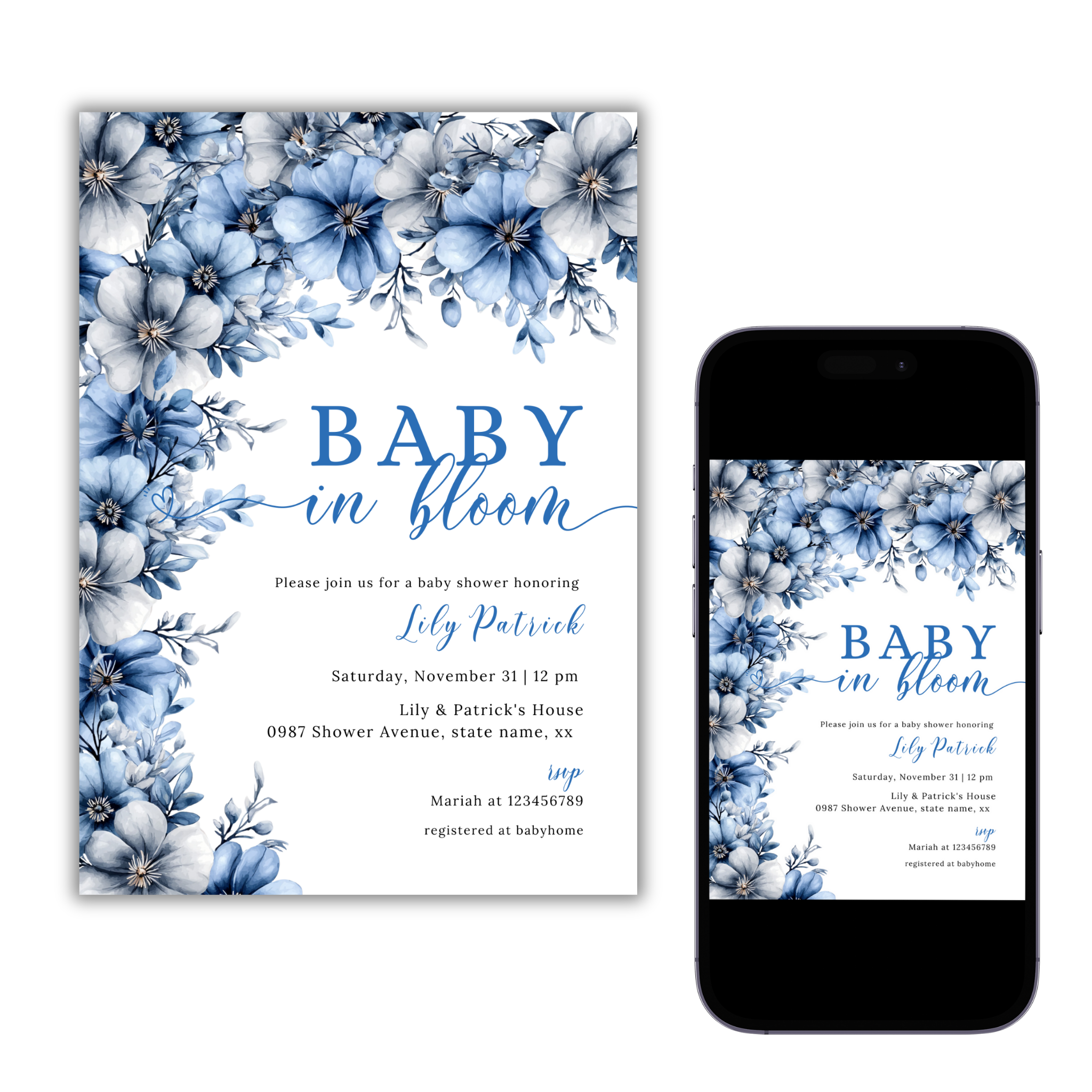 Baby in Bloom Invitation - Blue