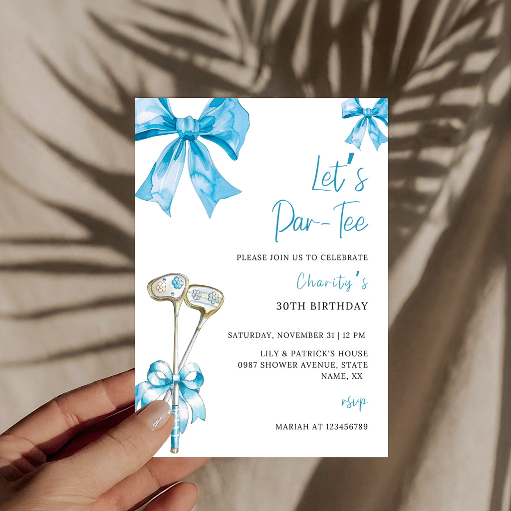 Blue Bow & Club Golf Birthday Invitation