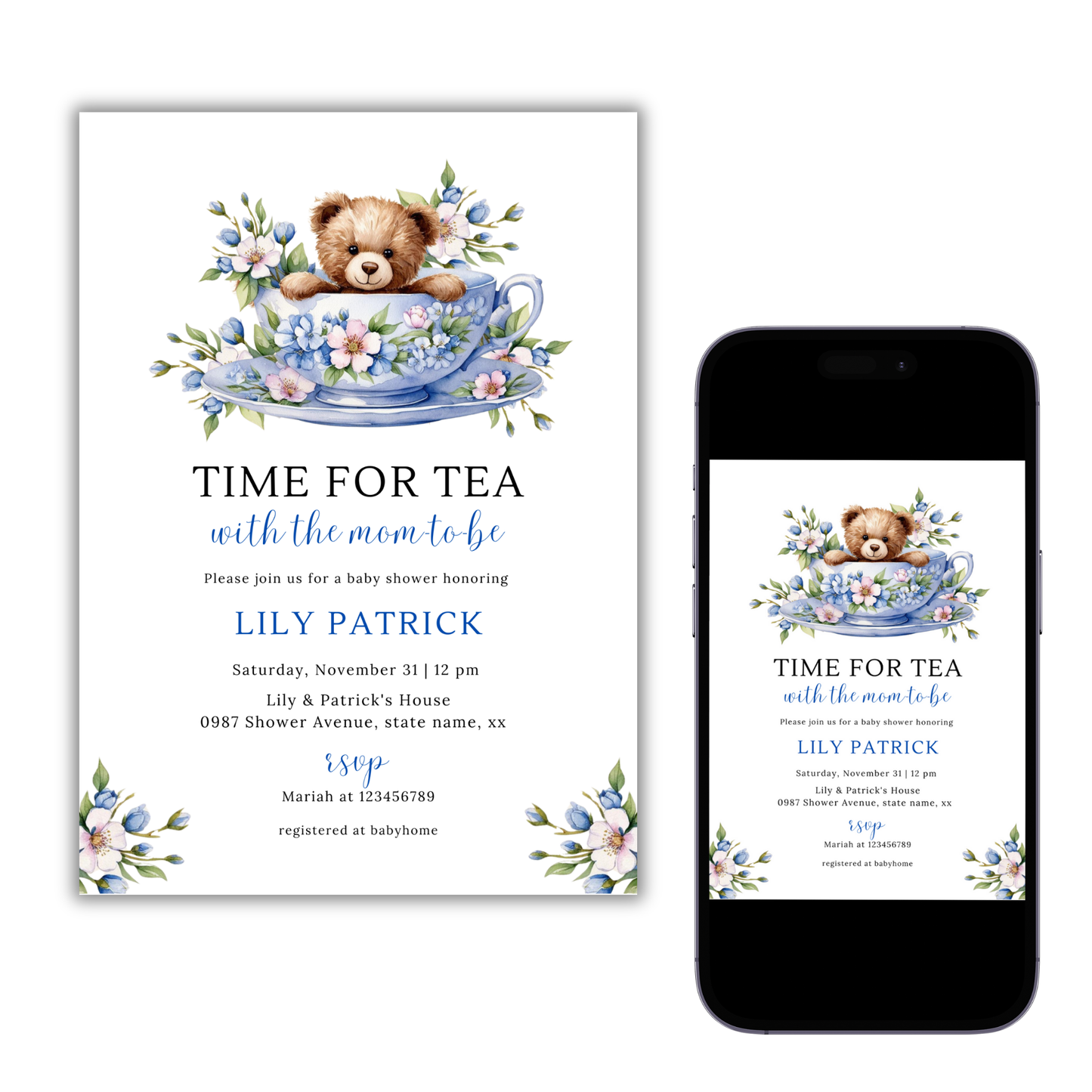 Time For Tea With The Mom To Be Invitation - Dusty Blue Floral (Copy)