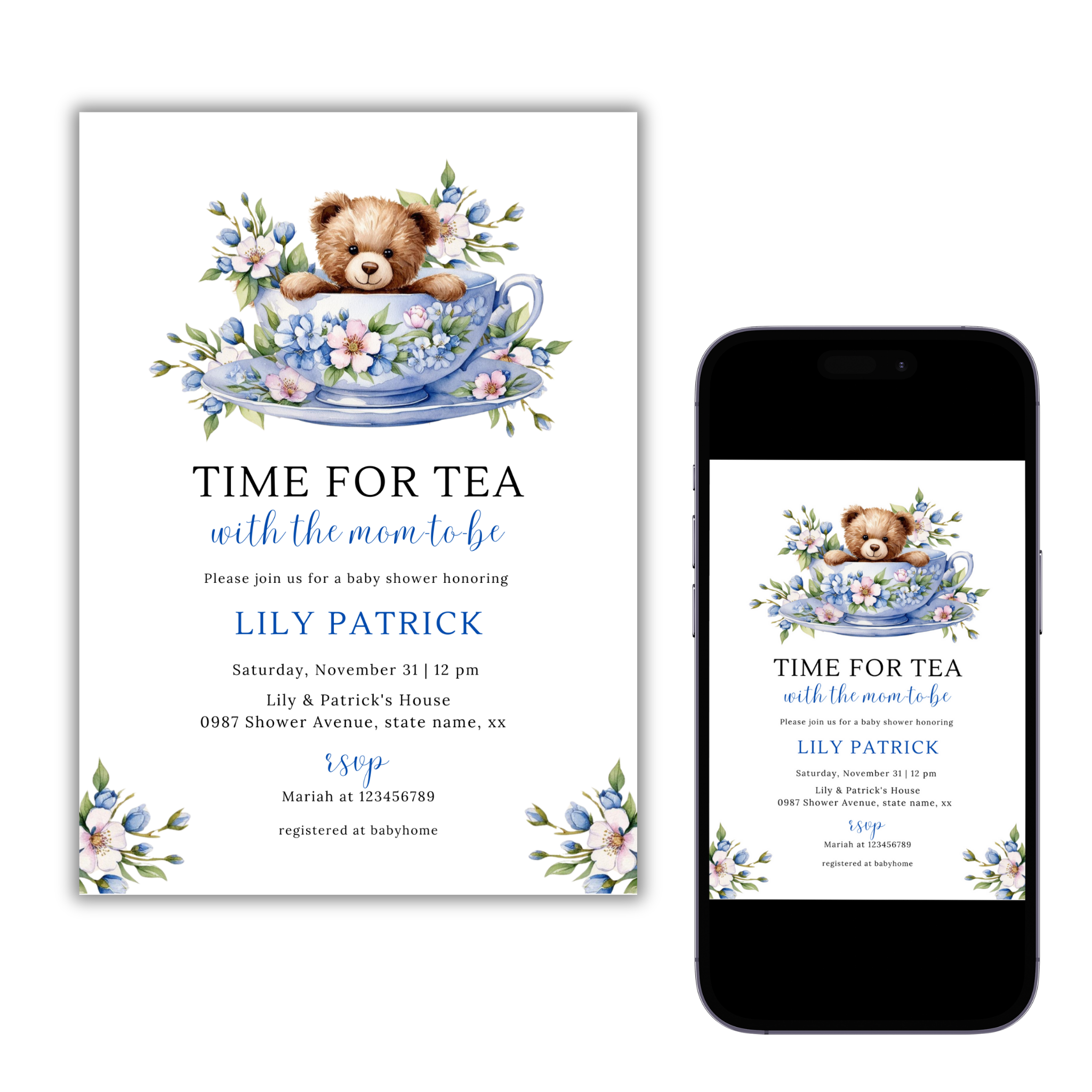 Time For Tea With The Mom To Be Invitation - Dusty Blue Floral (Copy)