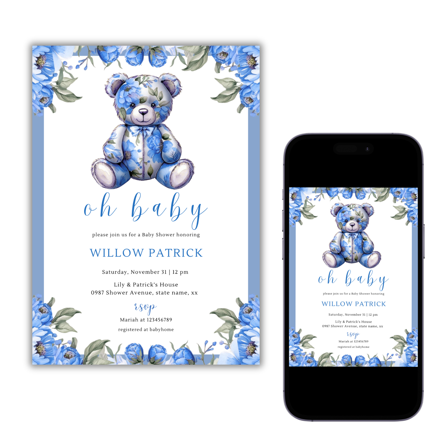 Oh Baby! Baby Shower Invitation - Floral Blue