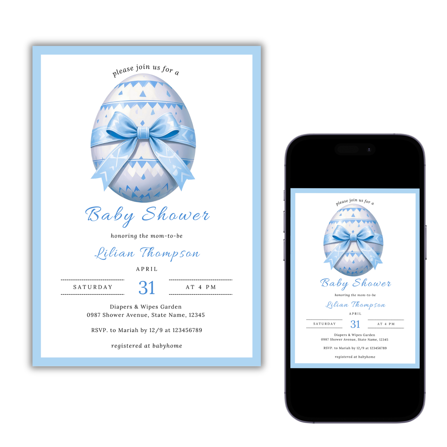 Easter Baby Shower Invitation - Blue Egg