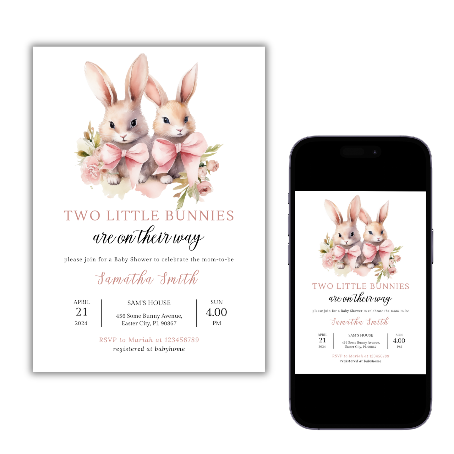 Two Little Bunnies Baby Shower Invitation