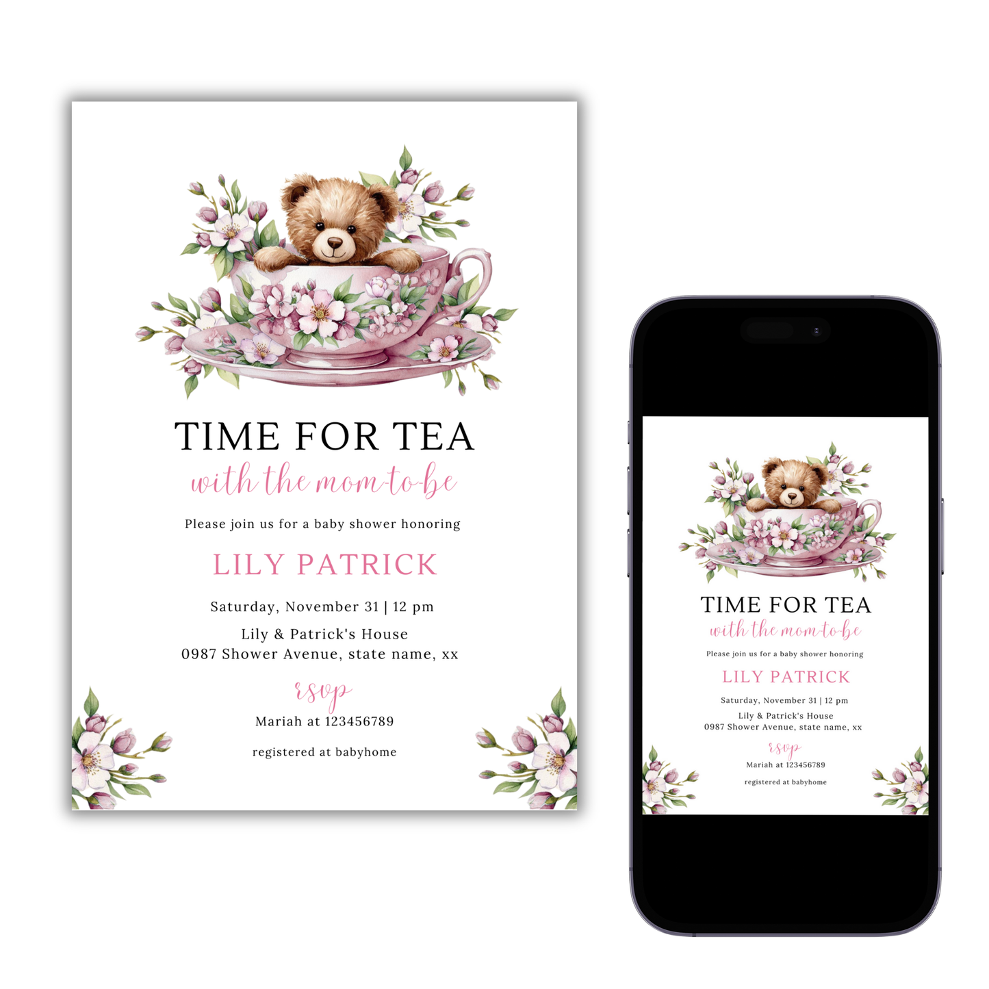 Time For Tea With The Mom To Be Invitation - Pink Blush Floral