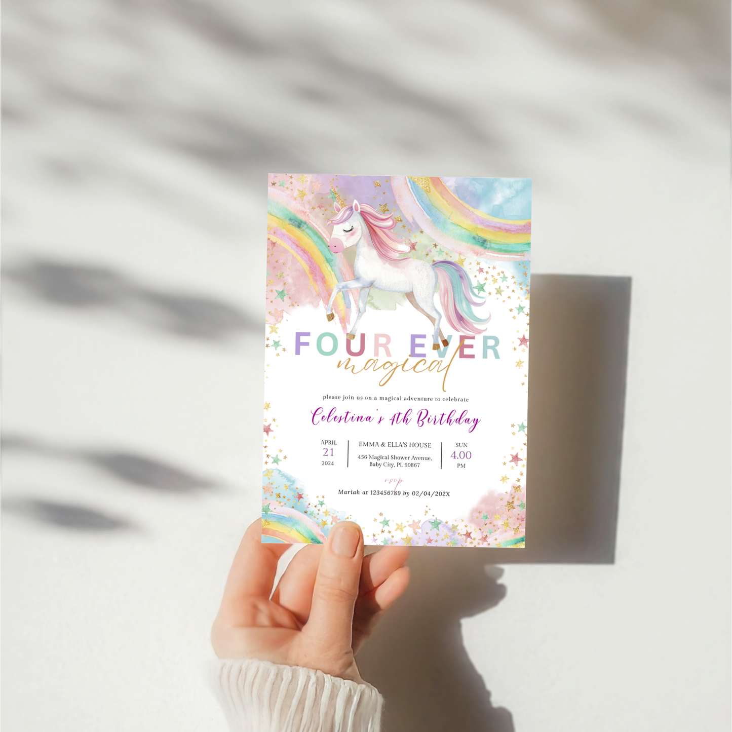 Unicorn 4th Birthday Invitation