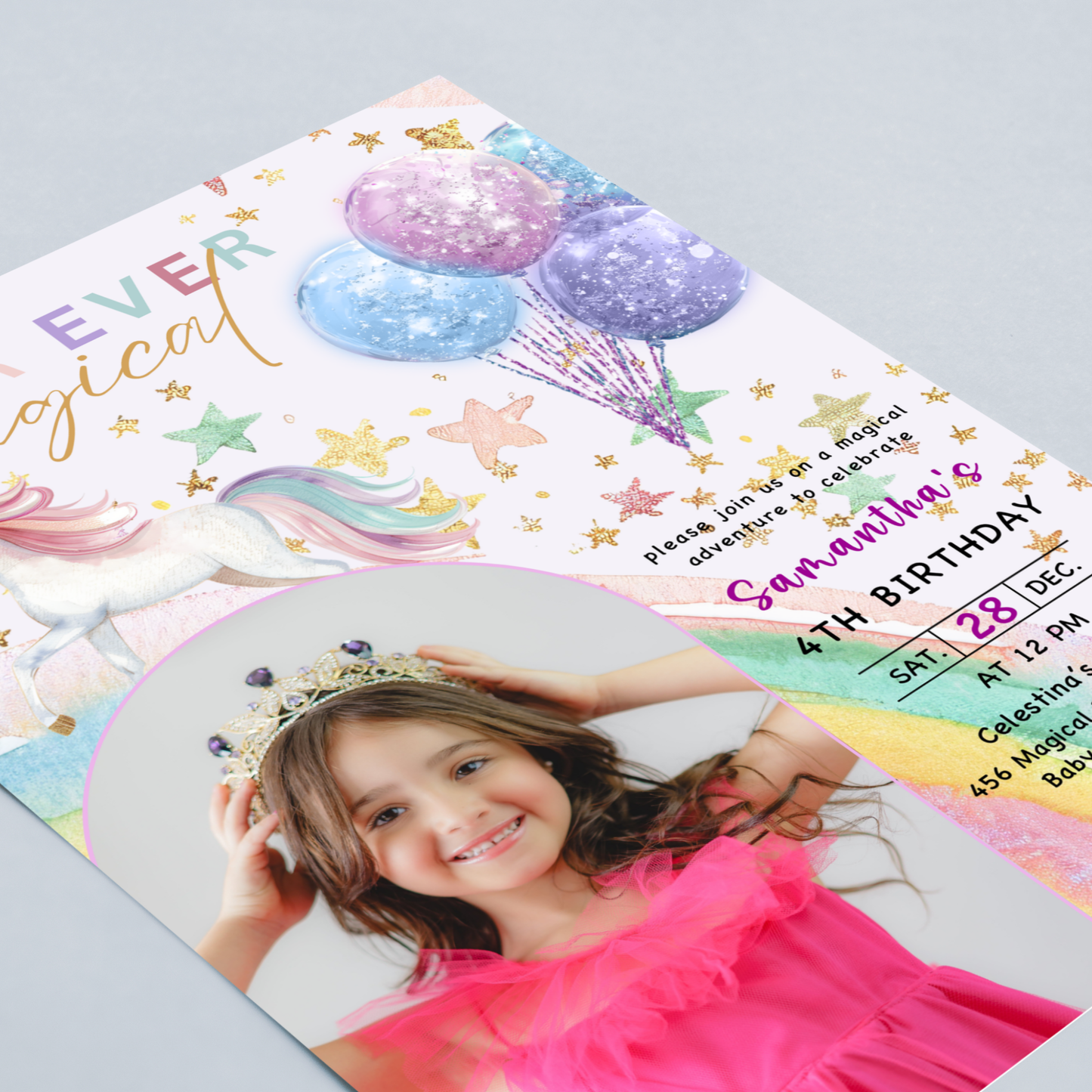 Unicorn 4th Birthday Invitation with Photo