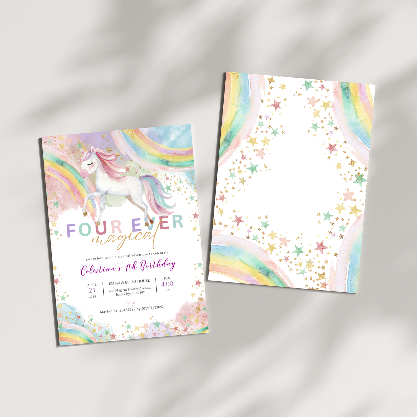 Unicorn 4th Birthday Invitation